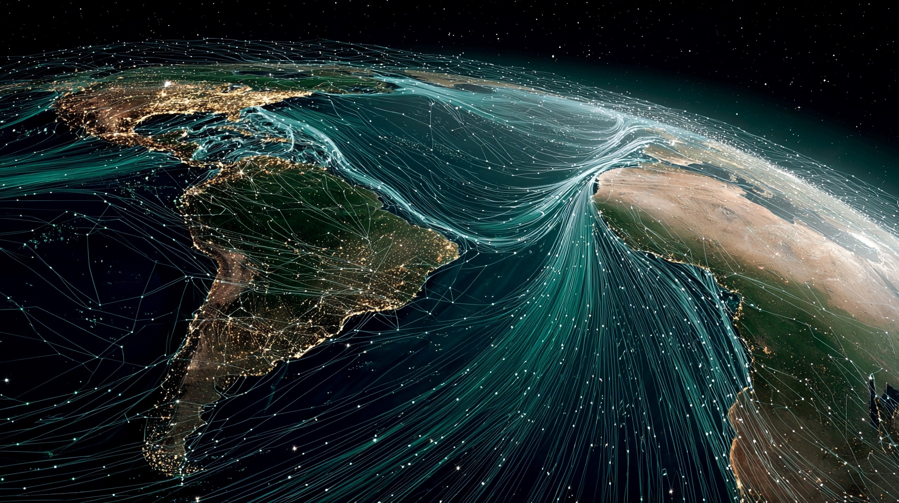 Eine Illustration einer  Weltkugel aus der Vogelperspektive, die von elektrischen Strömen umspannt ist.