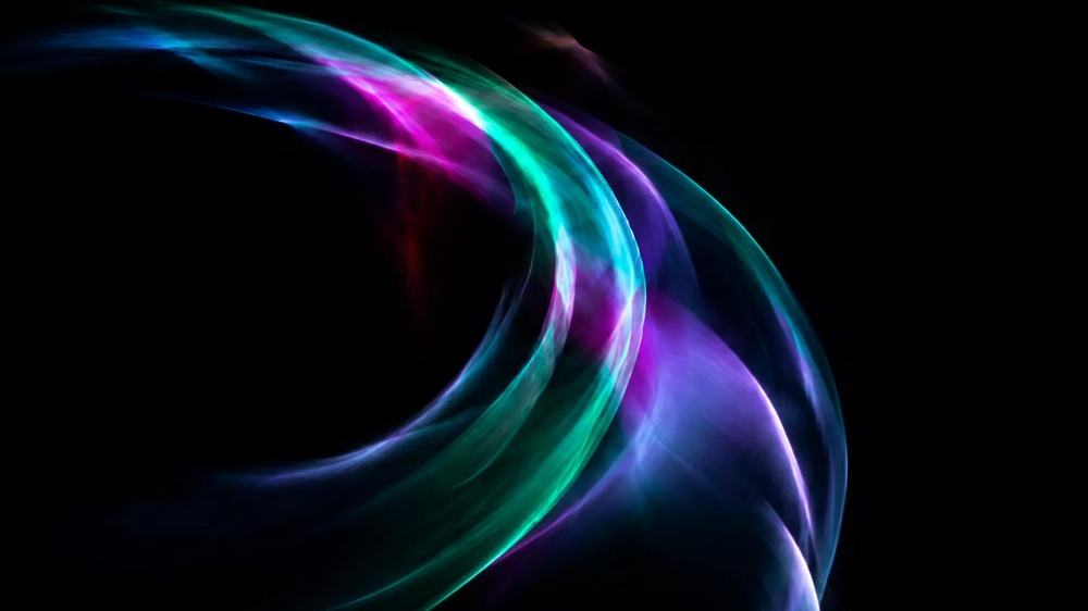 Dynamische, abstrakte Lichtlinien in Grün-, Blau- und Violetttönen mit fließender Bewegung auf dunklem Hintergrund
