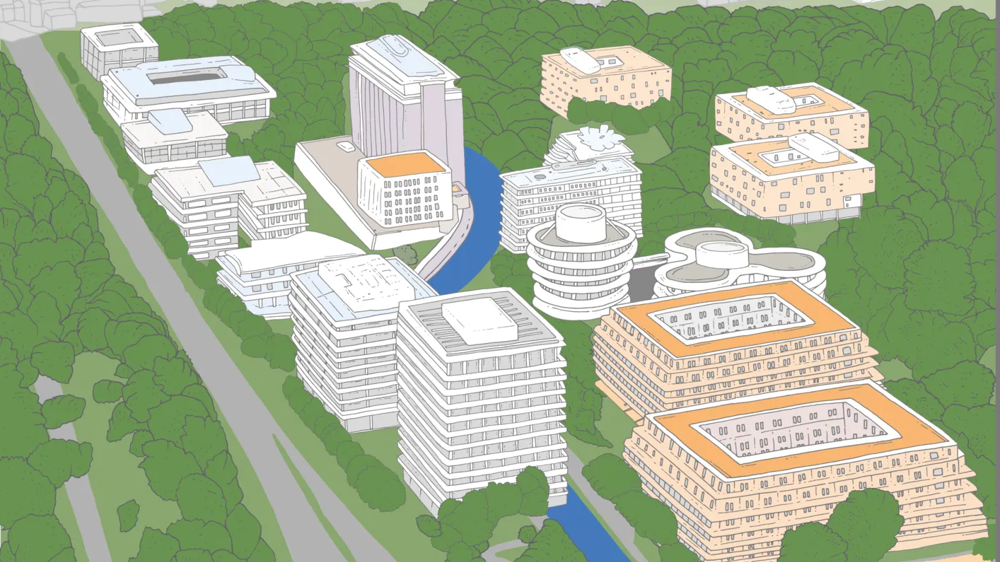 Grafische Karte mit dem Blick auf den Tucherpark in München mit den markanten Gebäuden des Areal sowie im Hintergrund die bekannten Bauwerke der Stadt wie z.B. der Frauenkirche