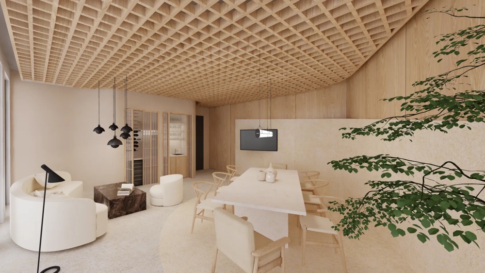 Moderner Raum mit Holzgitterdecke, weißen Möbeln, Esstisch, Hängelampen und Pflanzen.