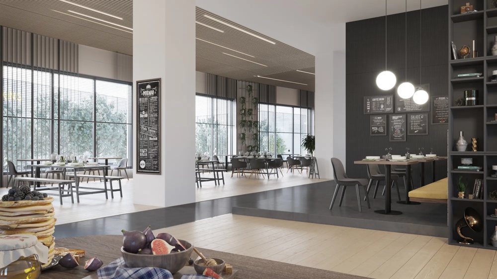 Visualisierung des Restaurantbereichs im Krystallpalast-Areal Leipzig – großzügiger, lichtdurchfluteter Gastraum mit Buffet, Tafel-Menükarte und modernem Interieur – ein hausInvest-Objekt.