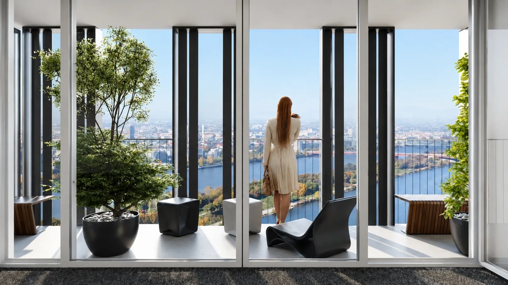 Visualisierung eines Balkons im DC Tower 2 in Wien – eine Frau blickt auf die Donau und die Wiener Stadtsilhouette – ein hausInvest-Objekt.