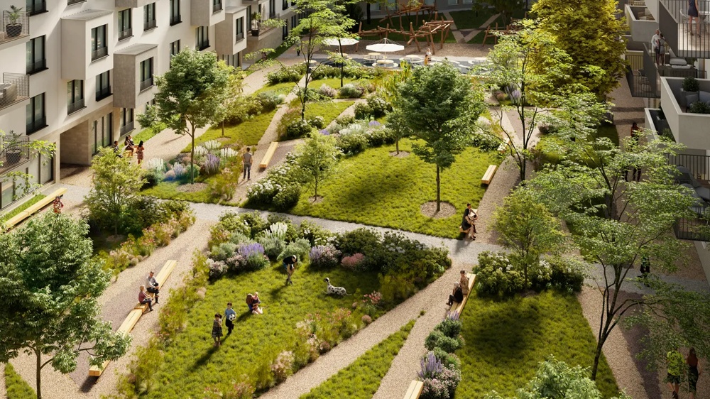 Visualisierung des begrünten Innenhofs im Krystallpalast-Areal Leipzig – weitläufige Gartenanlage mit Wegen, Bäumen, Sitzgelegenheiten und Spielbereich, umgeben von Wohngebäuden – ein hausInvest-Objekt.