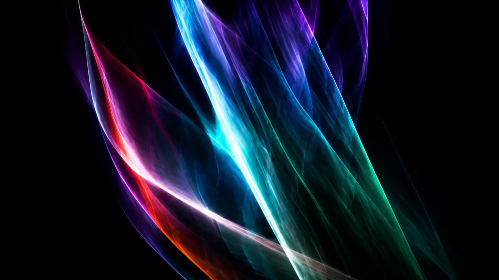 Dynamische, abstrakte Lichtlinien in Grün-, Blau- und Violetttönen mit fließender Bewegung auf dunklem Hintergrund