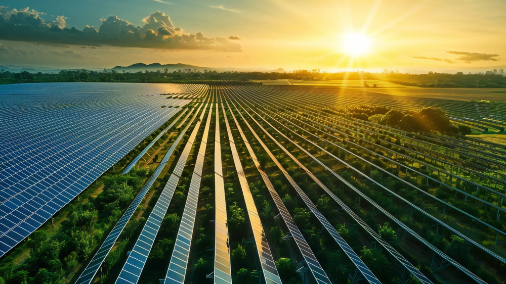 Solarmodule in Reihen auf einem Feld bei Sonnenuntergang, strahlende Sonne am Horizont, grüne Pflanzen zwischen den Modulen.