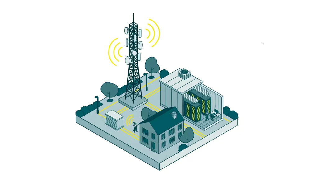 Infrastructure with communication tower and buildings