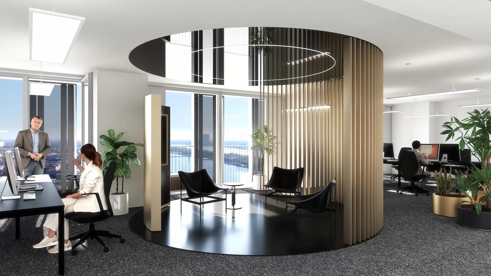 Visualisierung eines Bürogeschosses im DC Tower 2 in Wien – moderner Innenraum mit rundem Meetingbereich, Arbeitsplätzen und Panoramablick über die Donau – ein hausInvest-Objekt.