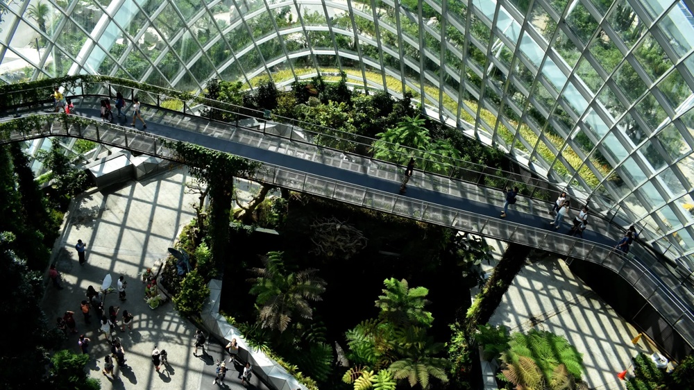 A glazed greenhouse with lush plants and a raised walkway full of visitors.