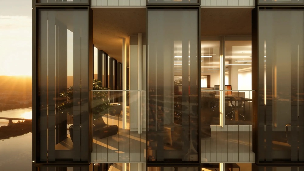 Visualisierung der Glasfassade des DC Tower 2 in Wien im Sonnenuntergang – Blick auf beleuchtete Büroflächen und eine begrünte Terrasse mit Panoramablick über die Donau – ein hausInvest-Objekt.