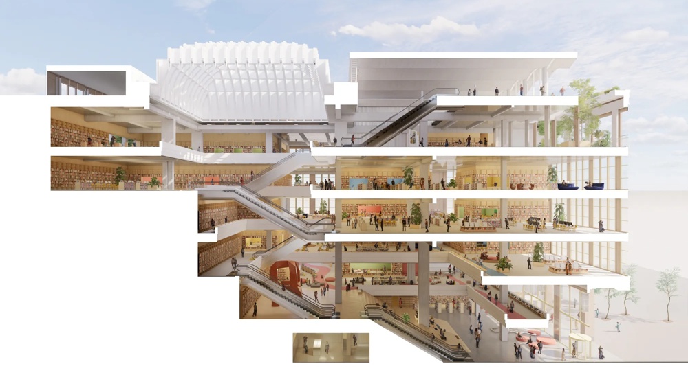 Architektonischer Schnitt durch das Gebäude der Zentral- und Landesbibliothek Berlin (ZLB) im Projekt „The Berlinian" – Querschnitt zeigt fünf Bibliotheksgeschosse mit Bücherregalen, Rolltreppen und Gewölbeatrium – ein hausInvest-Objekt.