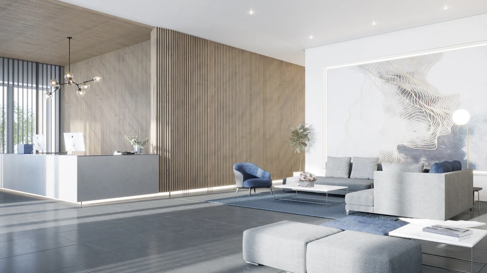Visualisierung des Empfangsbereichs im Krystallpalast-Areal Leipzig – helles Foyer mit Holzlamellenwand, Rezeption, Lounge-Bereich und dekorativem Wandbild – ein hausInvest-Objekt.