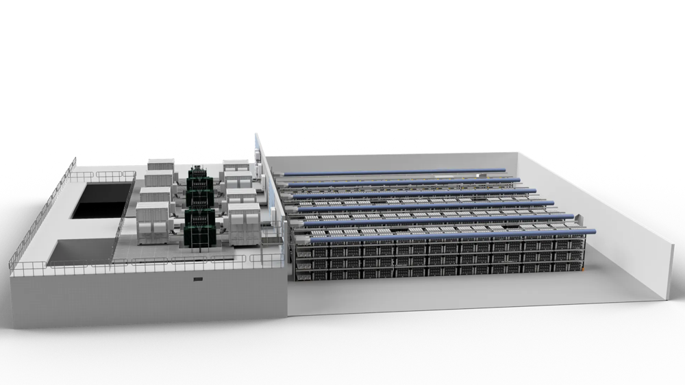 Ein Modell eines modernen Rechenzentrums mit Serverreihen und technischen Anlagen auf schwarzem Hintergrund.