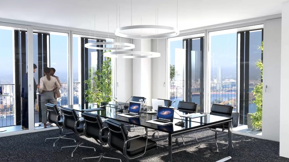 Visualisierung eines Konferenzraums im DC Tower 2 in Wien – eleganter Meetingraum mit großem Glastisch, Lederbestuhlung und Panoramafenstern mit Blick über die Donau – ein hausInvest-Objekt.