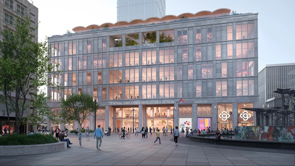 Visualisierung des Projekts „The Berlinian" am Alexanderplatz – Neubau mit Zentral- und Landesbibliothek Berlin im Erdgeschoss, Hochhaus im Hintergrund und belebtem Vorplatz – ein hausInvest-Objekt.