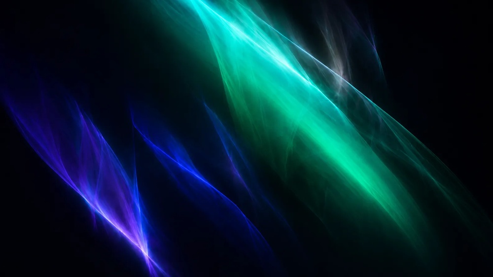 Dynamische, abstrakte Lichtlinien in Grün-, Blau- und Violetttönen mit fließender Bewegung auf dunklem Hintergrund