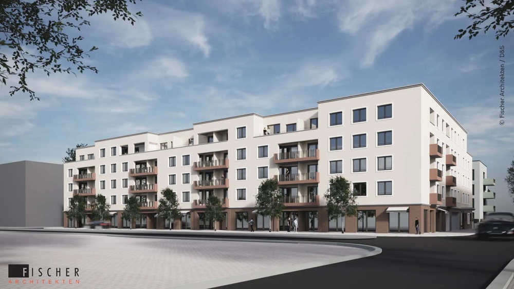 Multi-storey residential building with balconies, trees in front, under a blue sky.
