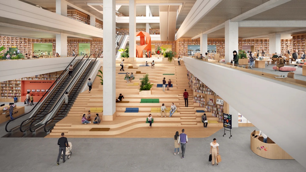 Visualisierung des Innenraums der Zentral- und Landesbibliothek Berlin (ZLB) im Projekt „The Berlinian" am Alexanderplatz – weitläufige, mehrgeschossige Bibliothekshalle mit Treppenlandschaft, Bücherregalen und belebtem Publikumsbereich – ein hausInvest-Objekt.