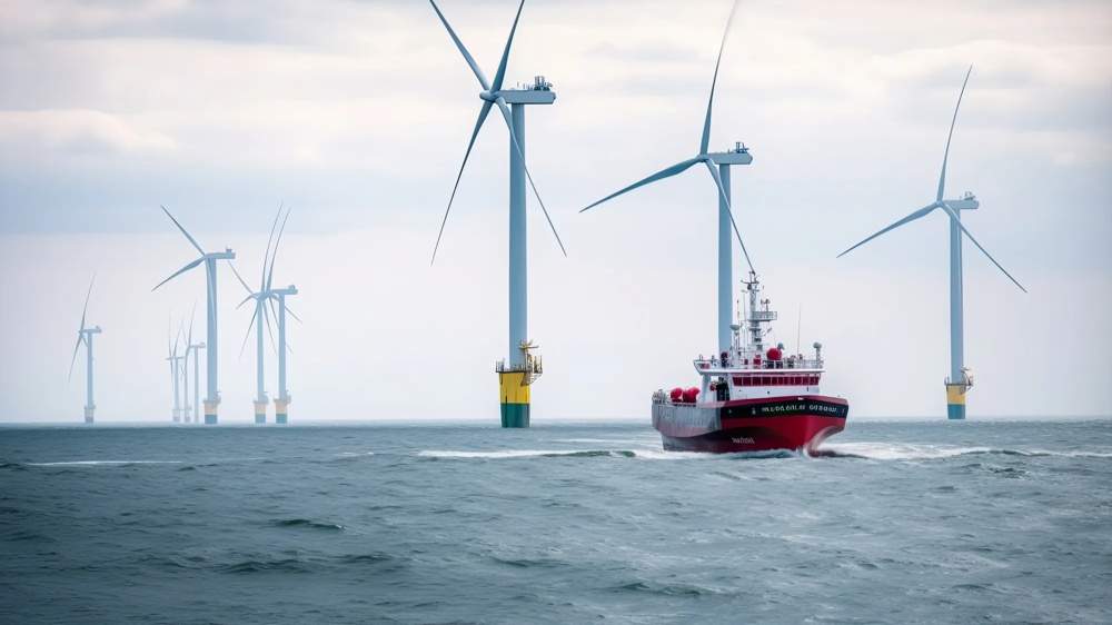 A red ship passes several offshore wind turbines on a calm sea.