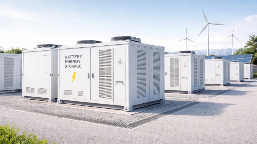 Mehrere weiße Großcontainer mit der Aufschrift „Battery Energy Storage" und gelbem Blitzsymbol auf einem Freigelände, im Hintergrund Windkraftanlagen und Solarmodule.