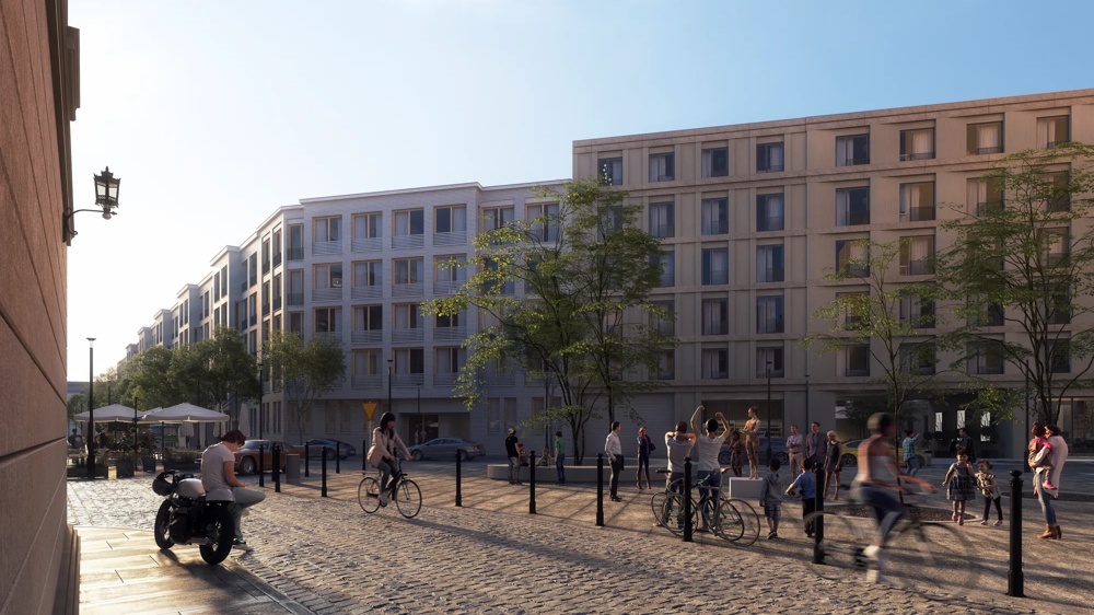 Visualisierung des Wohnquartiers im Krystallpalast-Areal Leipzig – belebtes Kopfsteinpflaster-Quartier mit modernen Wohngebäuden in hellem Naturstein und Passanten – ein hausInvest-Objekt.
