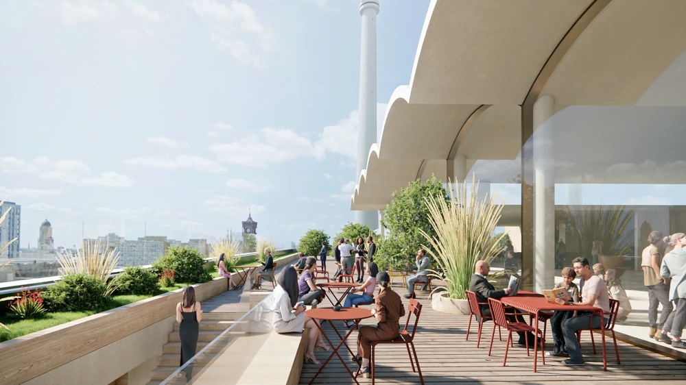 Visualisierung der Dachterrasse des Projekts „The Berlinian" am Alexanderplatz – belebte Außengastronomie mit direktem Blick auf den Berliner Fernsehturm – ein hausInvest-Objekt.