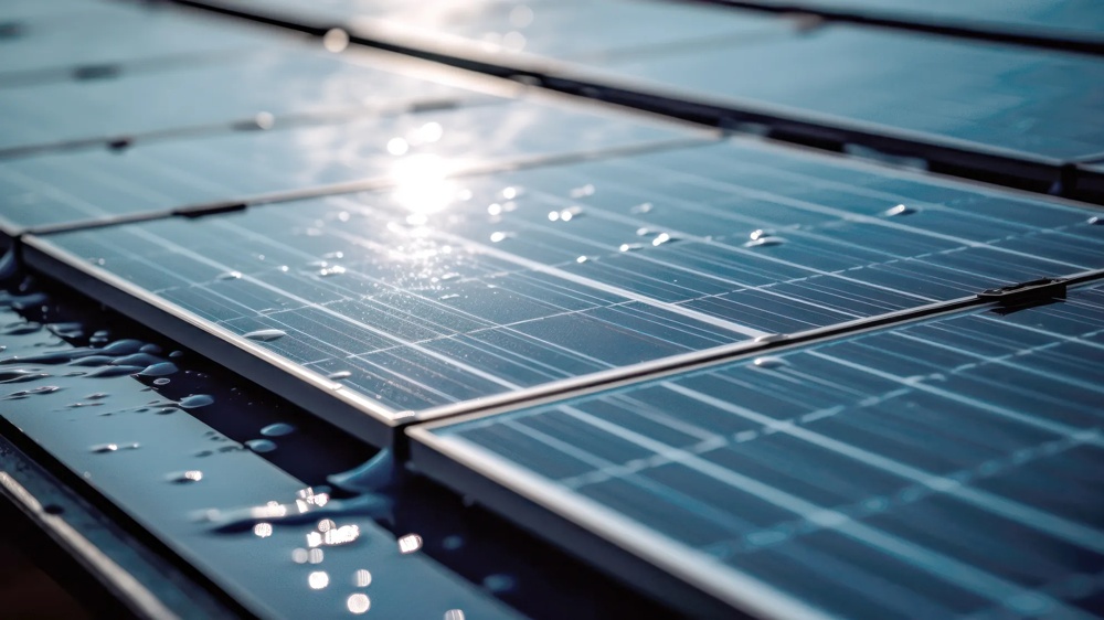Sonnenlicht reflektiert auf nassen Solarpaneelen mit Wassertropfen.