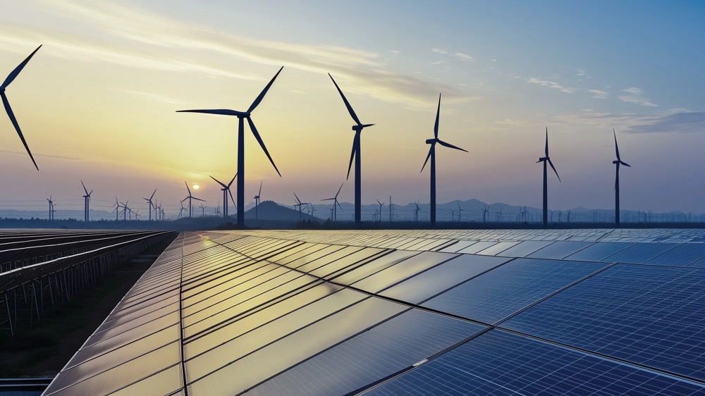Solar panels and wind turbines at sunset on a field with mountains in the background.
