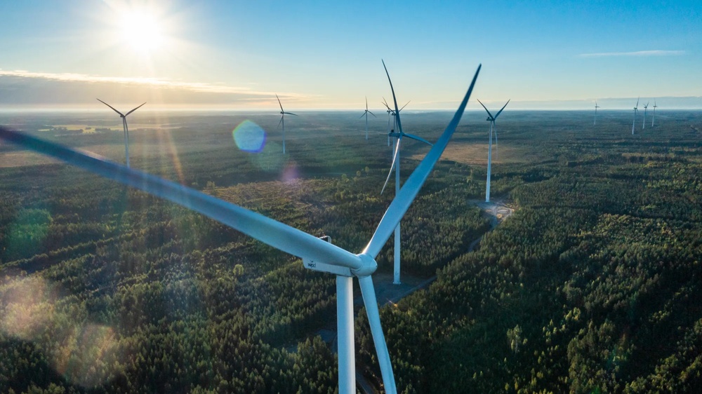 Windräder über einem grünen Wald bei Sonnenaufgang, blauer Himmel und Sonnenstrahlen im Hintergrund.