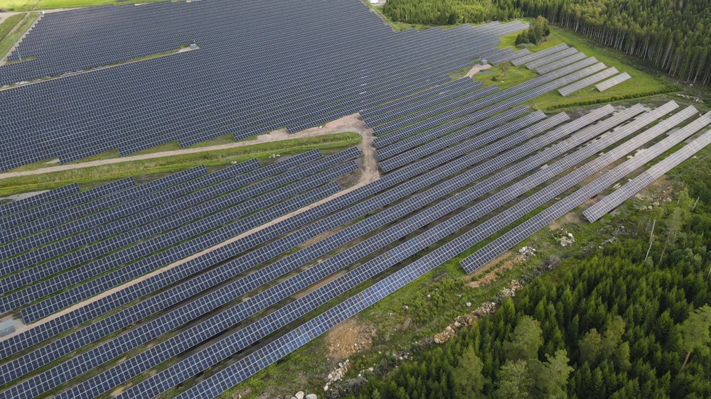 Large solar field with many solar panels, surrounded by forest and meadows.