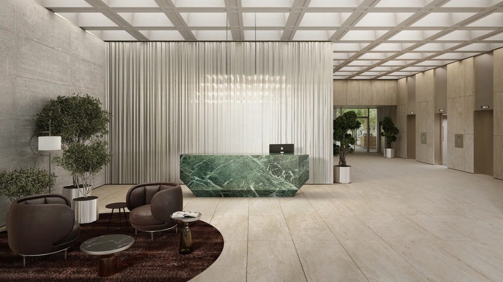 Moderne Lobby mit grünem Marmortresen, braunen Sesseln, Pflanzen und hellem Gitterdeckenmuster.