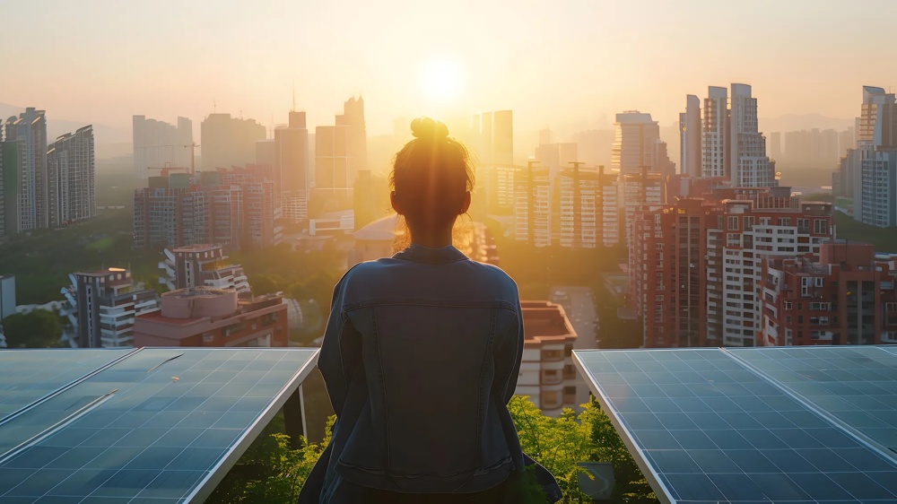 Eine Person sitzt vor Sonnenuntergang auf einem Dach mit Solarpaneelen, blickt auf eine Stadt mit Hochhäusern.