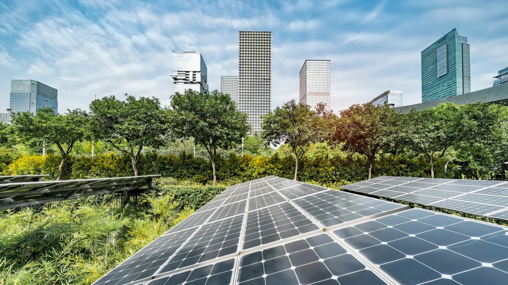 Solar panels in front of a green park landscape with modern high-rise buildings in the background under a blue sky.