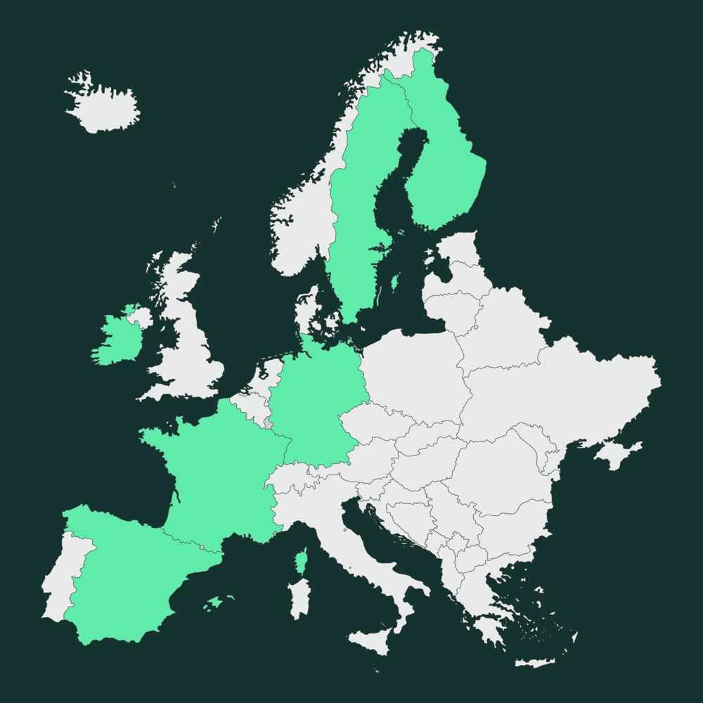Es ist eine Europa-Karte zu sehen, die grün markierten Länder stellen die Länder dar, in denen klimaVest investiert ist.