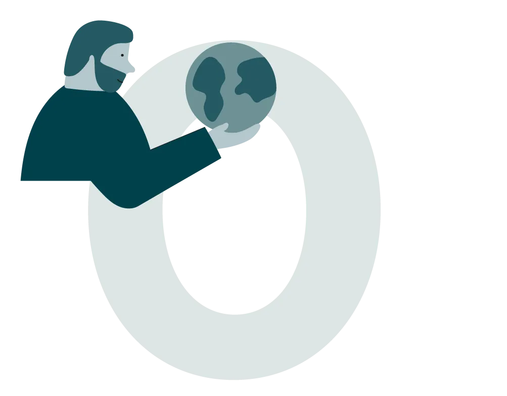 A character holds a stylized globe in front of a large grey letter “O”.