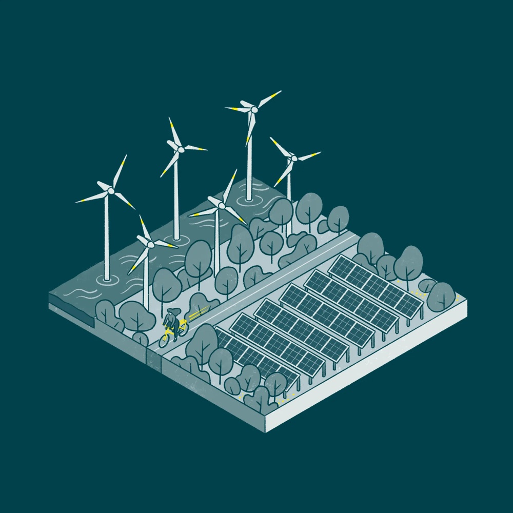 Illustration von Windrädern und Solarpanels in einer bewaldeten Landschaft mit einem Radfahrer auf einem Weg.