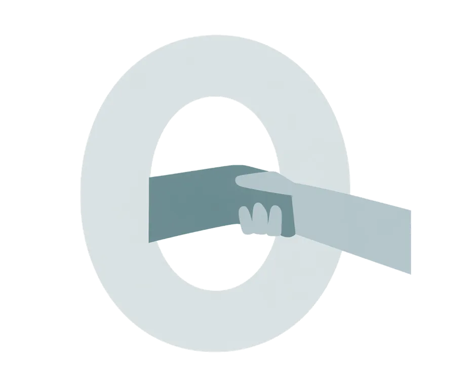 A blue letter “O” with one hand reaching through the middle.