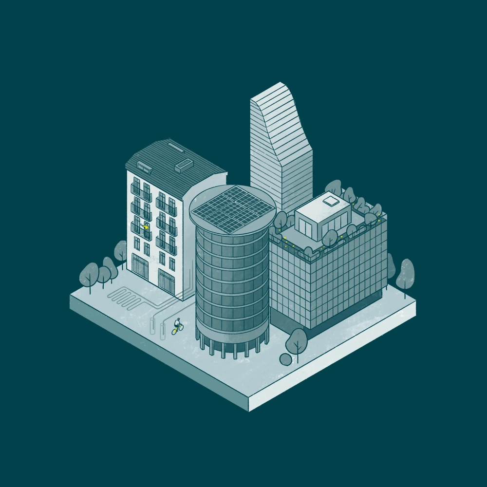 Three modern buildings on a square base with trees and cyclists.