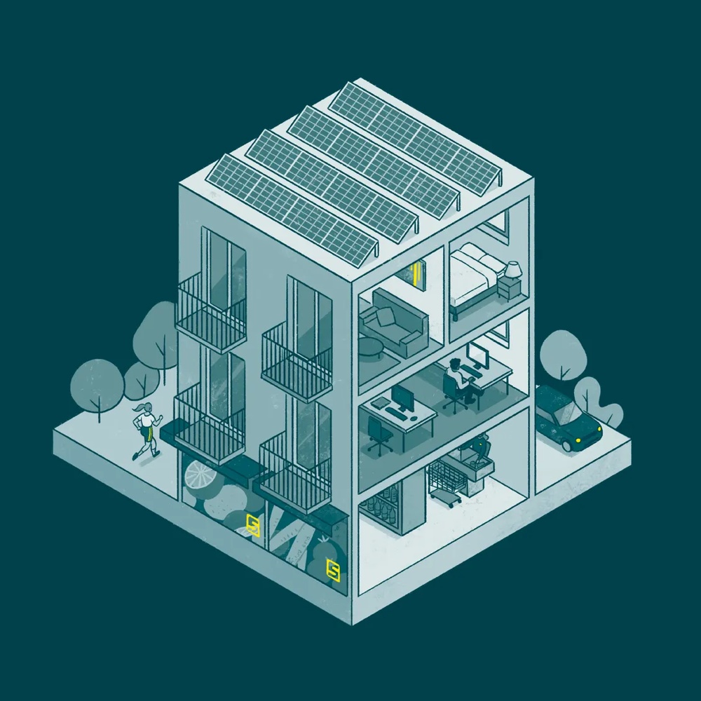A modern building with solar panels, offices, bedrooms, garage, balconies and an electric car, surrounded by trees.