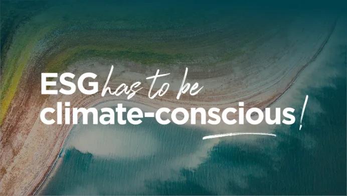 Text “ESG has to be climate-conscious!” over a coastal landscape.
