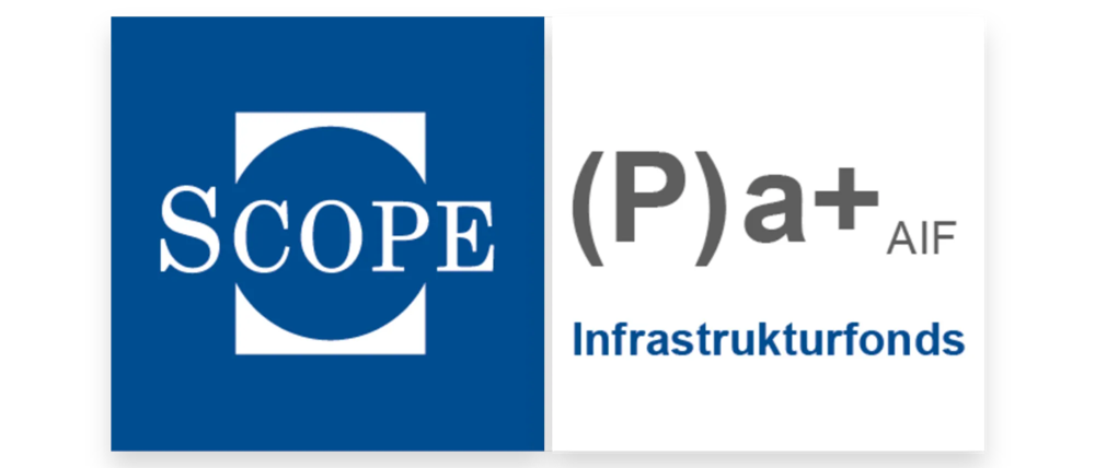 Blaues Logo mit weißem Text 'SCOPE', daneben grauer Text '(P)a+ AIF Infrastrukturfonds'.