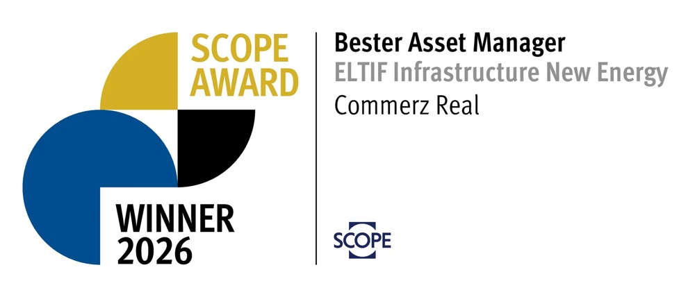 Logo des Scope Awards 2026, Gewinner Commerz Real als bester Asset Manager im Bereich Innovation Real Estate.