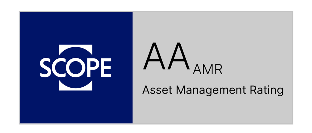 Logo von Scope mit blauem Hintergrund, Bewertung aa für assetmanagement auf weißem Feld.