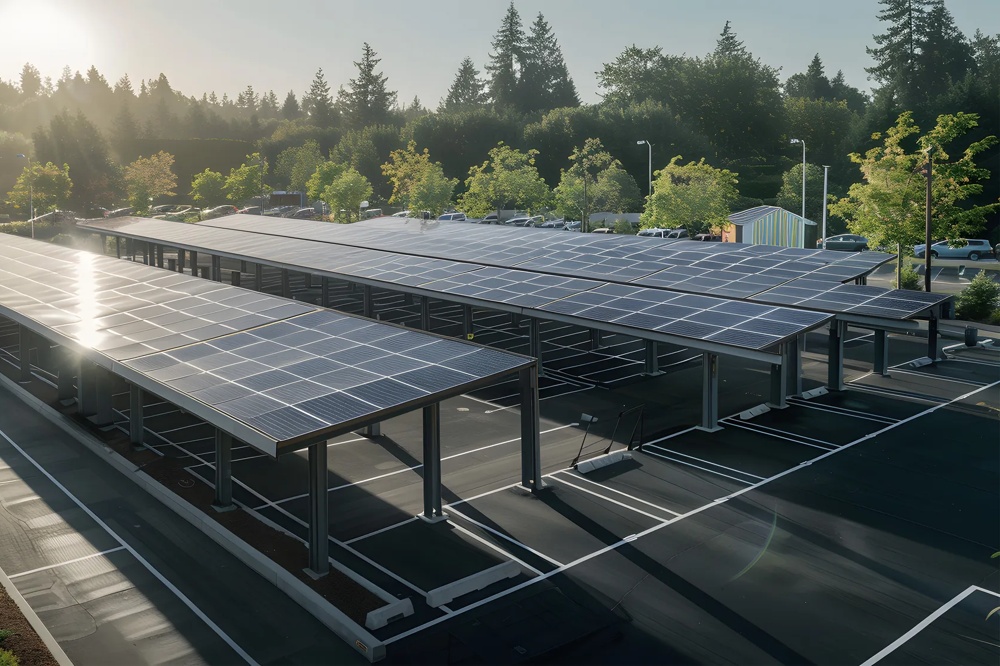 Solarpaneele über Parkplätzen bei Sonnenaufgang, umgeben von Bäumen und Autos im Hintergrund.
