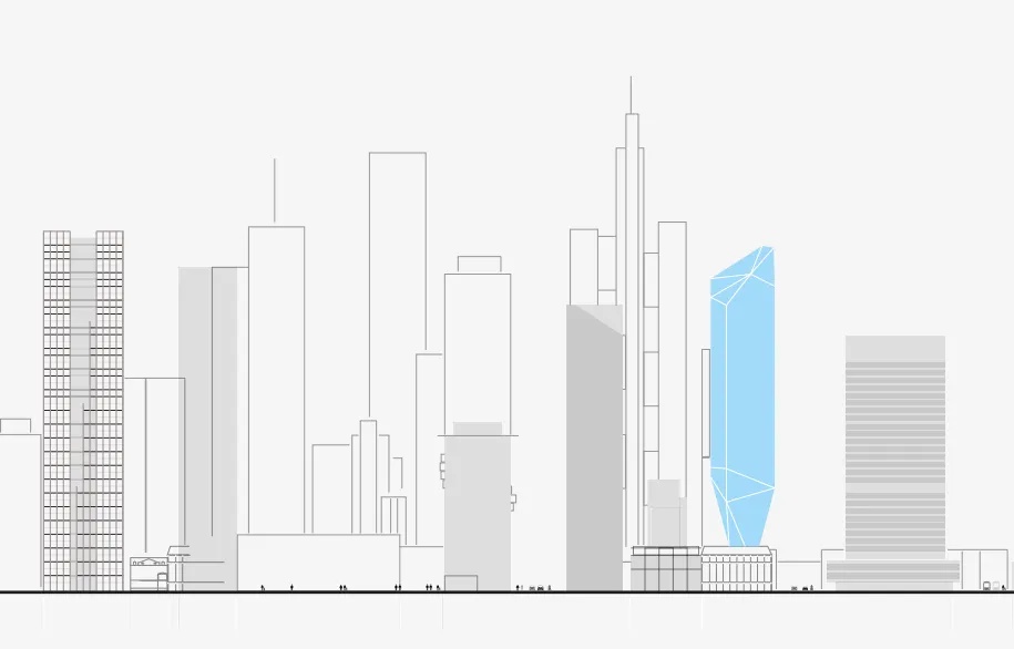 Skyline with modern high-rise buildings, one highlighted in blue.