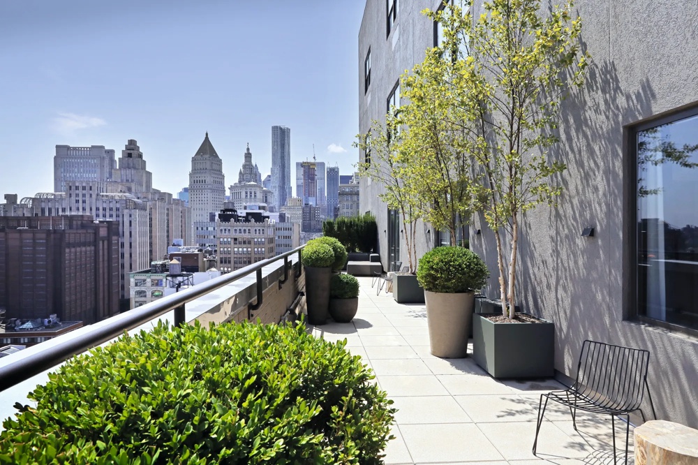 Dachterrasse mit Pflanzen, Stühlen und Blick auf die Skyline einer Stadt bei klarem Himmel.