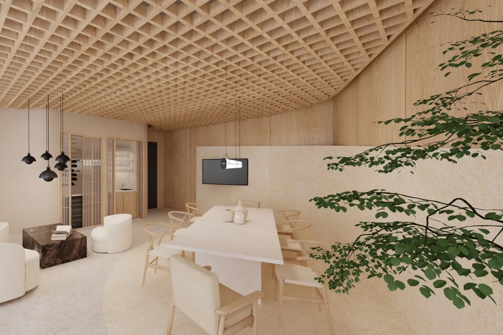 Moderner Raum mit Holzgitterdecke, weißen Möbeln, Esstisch, Hängelampen und Pflanzen.