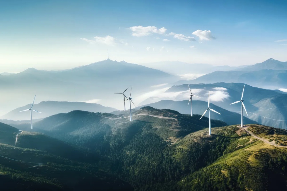 Windmills on green hills in front of a mountainous landscape under a blue sky with clouds.