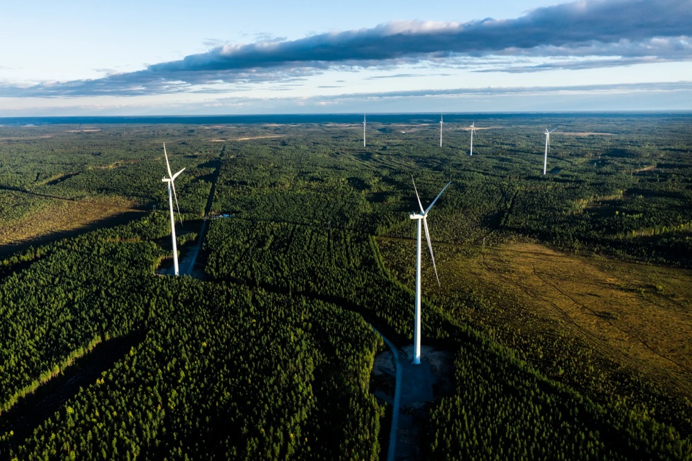 Wind farm on green fields from a bird’s-eye view