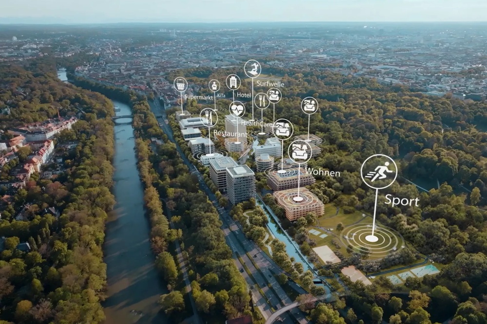 Luftaufnahme einer Stadt mit Fluss, Gebäuden und Icons für Sport, Wohnen und Freizeitaktivitäten in einem grünen Gebiet.