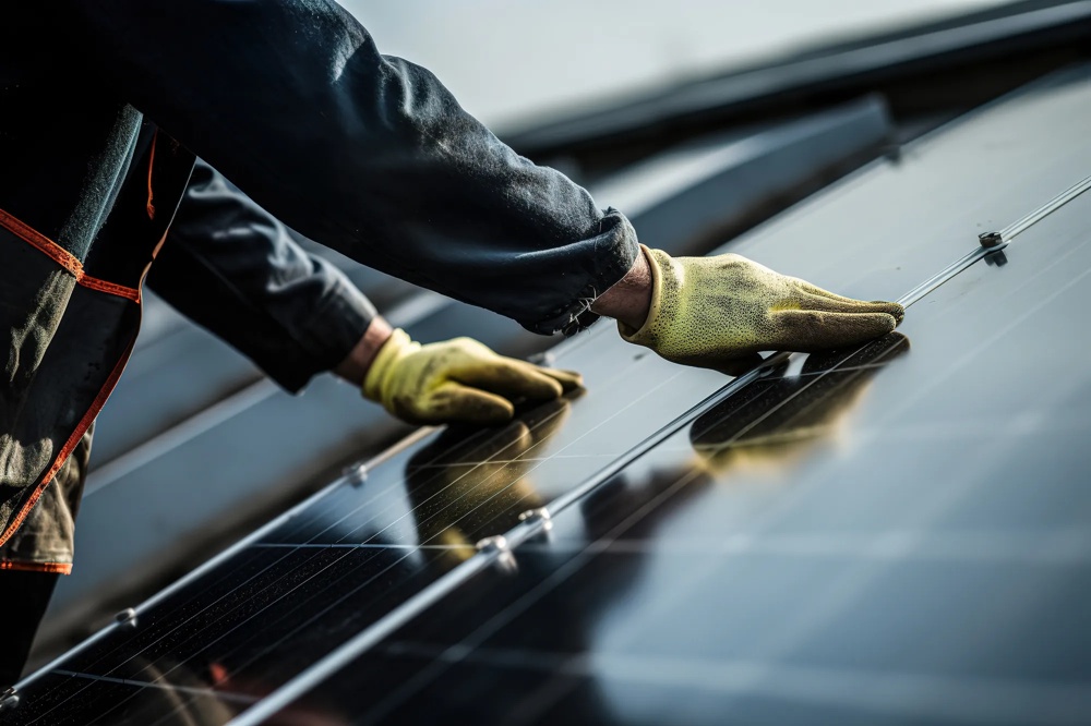 Hände in gelben Handschuhen installieren ein Solarpanel.